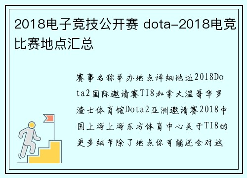 2018电子竞技公开赛 dota-2018电竞比赛地点汇总