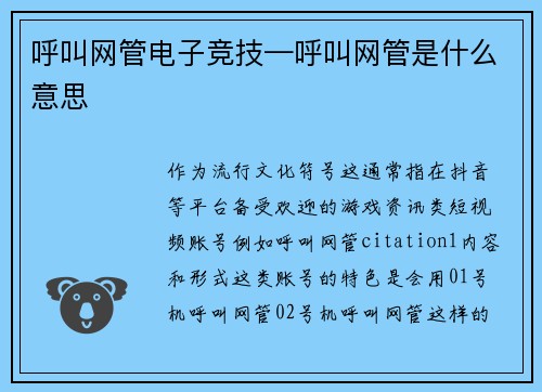 呼叫网管电子竞技—呼叫网管是什么意思